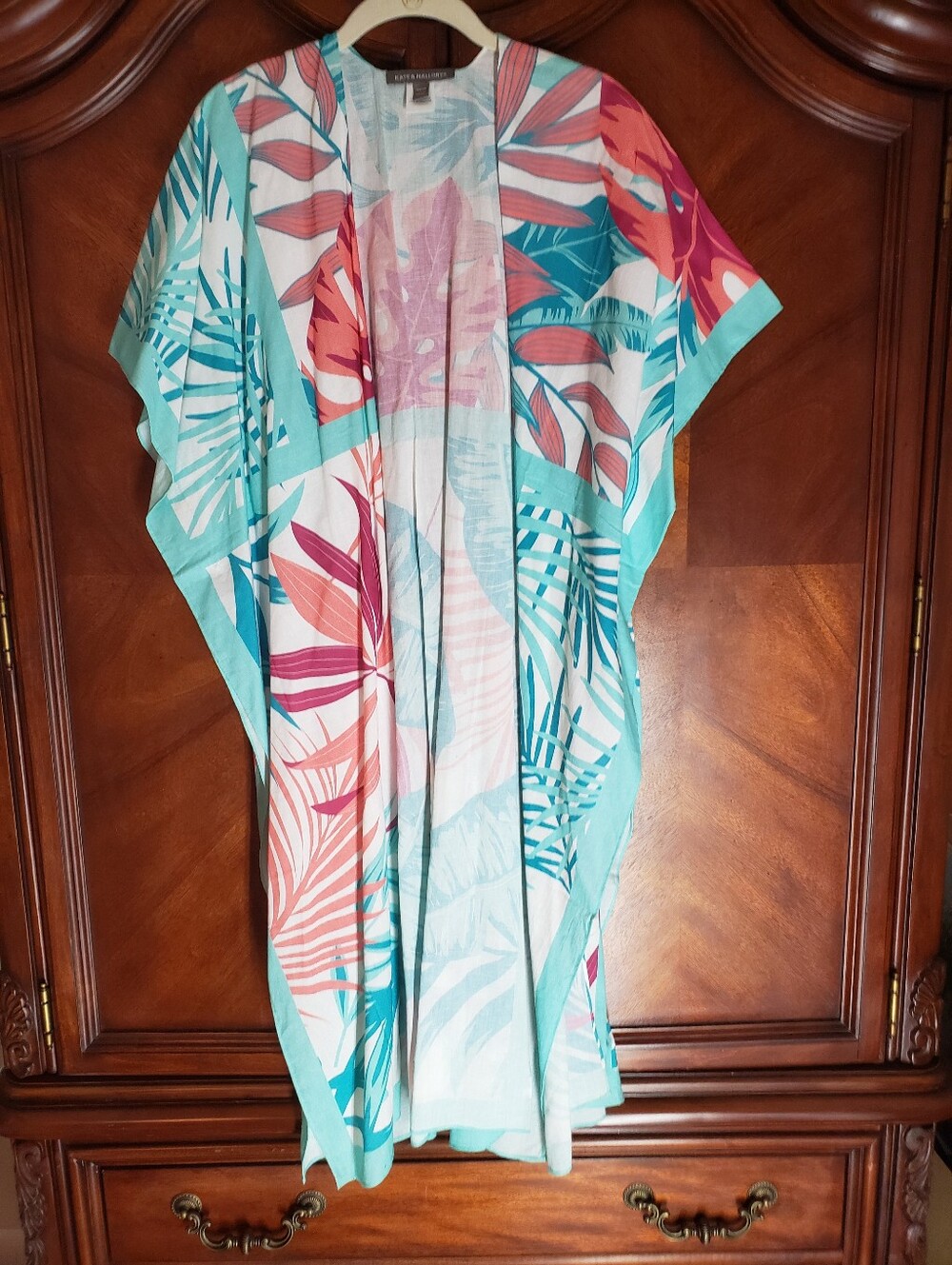 Kate & Mallory Tropical Leaf Print Kimono Cardigan in Teal, Coral, Pink